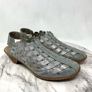 Rieker Sina Gray Two Tone Woven Leather Slingback Mules 40 Comfy Lagenlook Artsy